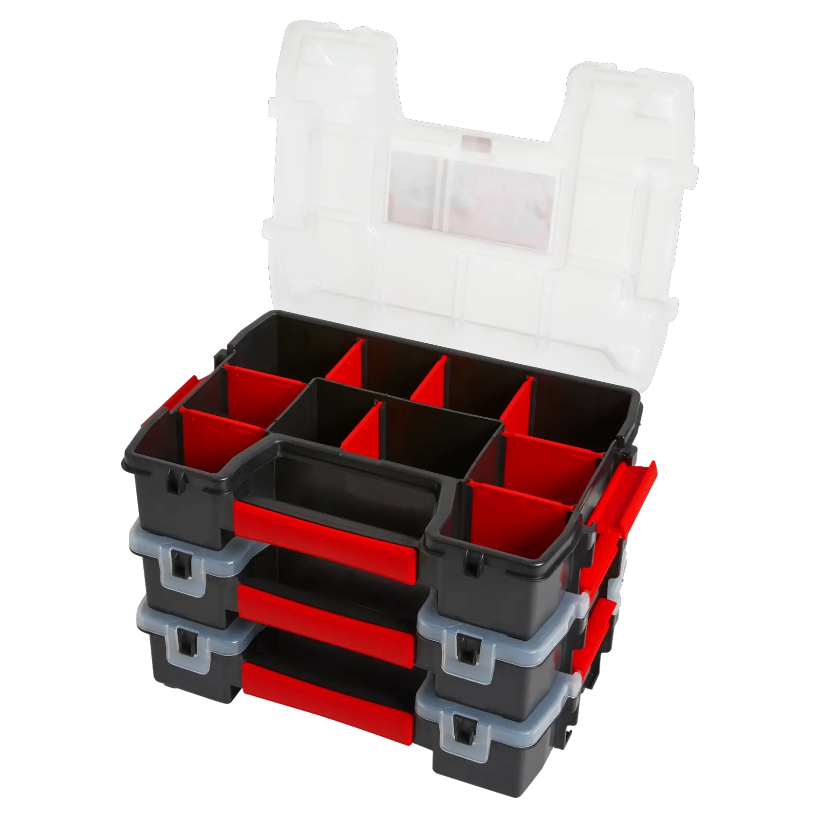 Profile of 3 Pack 10 Compartment Plastic Small Parts Organizer with lid open.