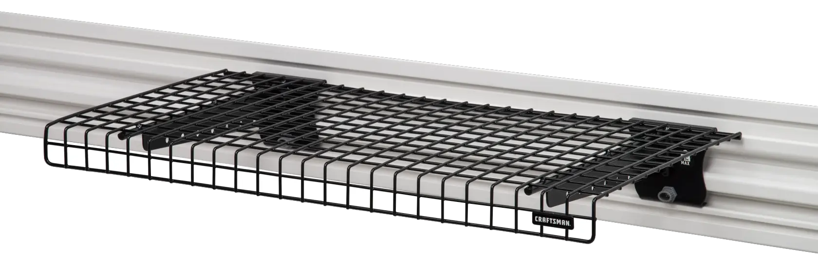 Black VERSATRACK Wire Shelf attached to white VERSATRACK trackwall