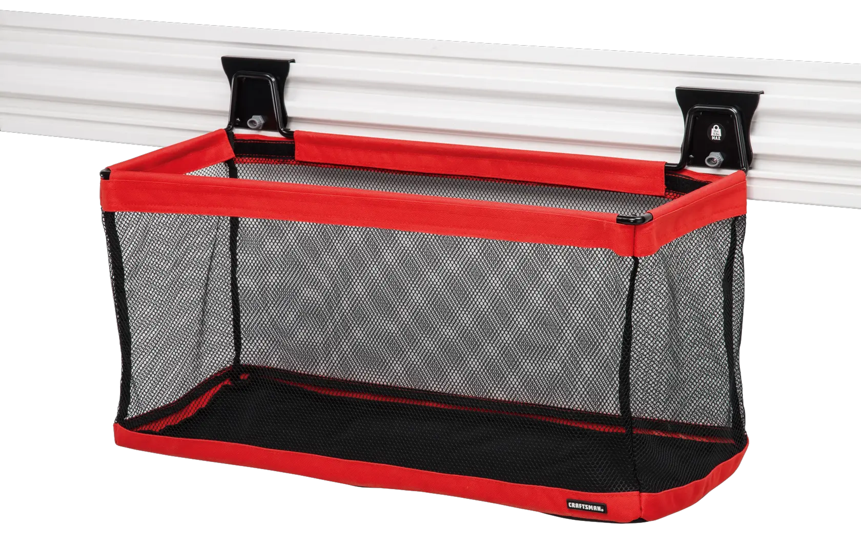 Black and red VERSATRACK 24 inch large mesh basket attached to white VERSATRACK trackwall