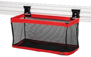 Black and red VERSATRACK 24 inch large mesh basket attached to white VERSATRACK trackwall