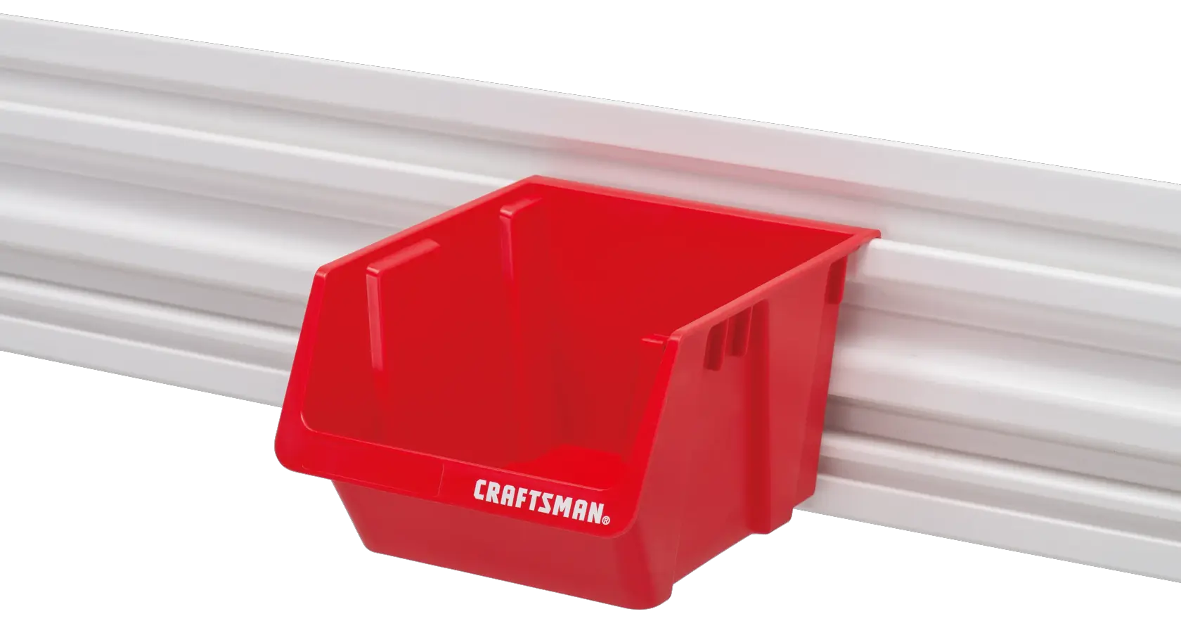 Single red VERSATRACK Bin attached to white VERSATRACK trackwall