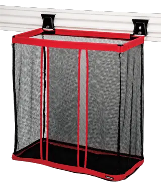 Black and red VERSATRACK Ball Organizer attached to white VERSATRACK trackwall