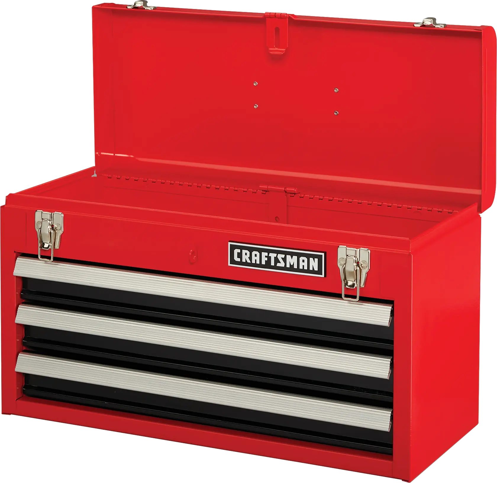 Portable 20.5 Inch ball bearing 3 drawer steel lockable tool box with lid open.