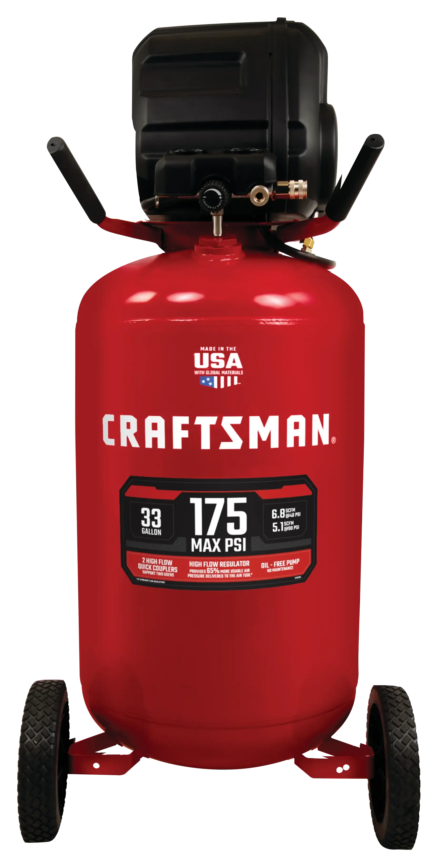 33 gallons 175 p s i oil free portable vertical air compressor.