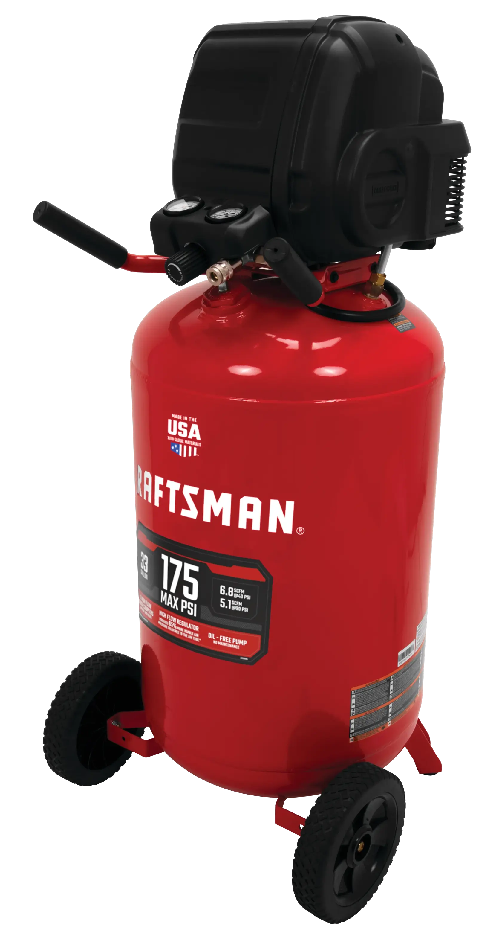 33 gallons 175 p s i oil free portable vertical air compressor.