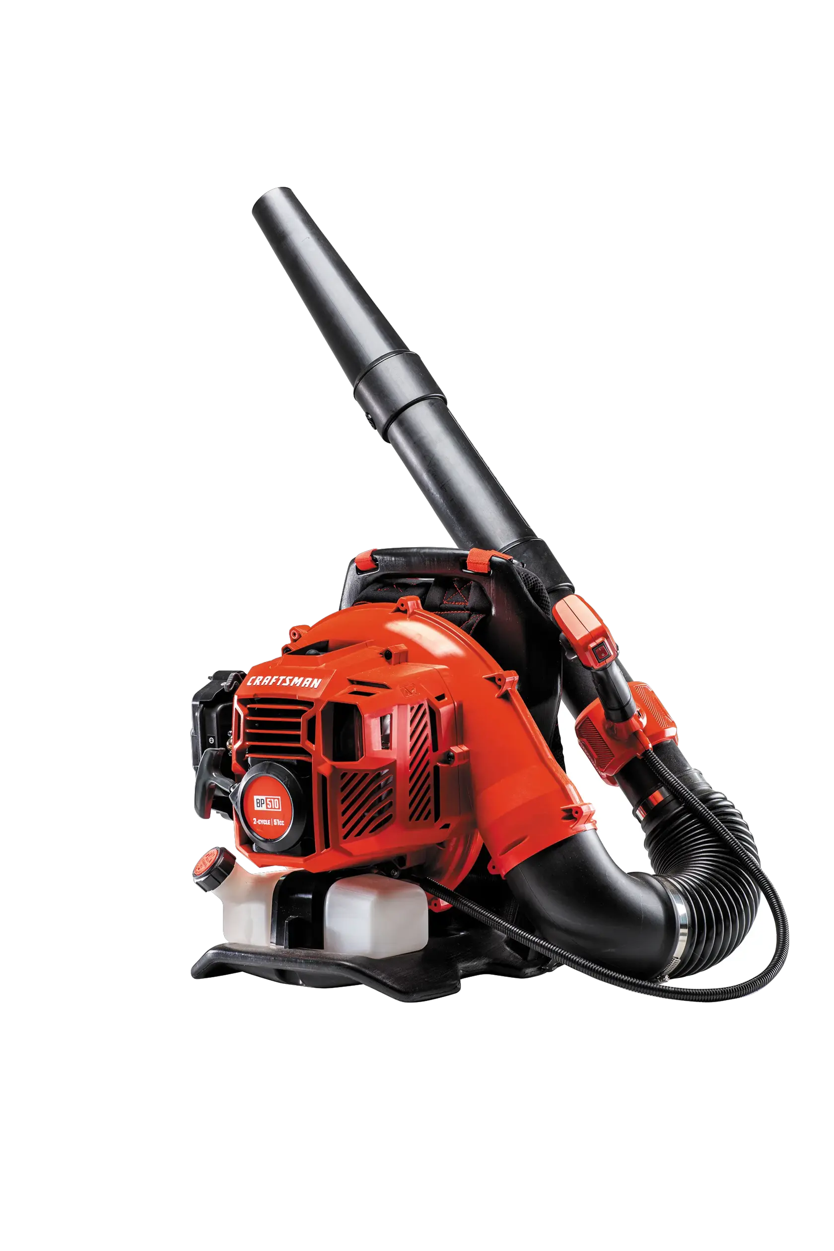 Back profile of 51 C C 2 cycle gas backpack leaf blower.