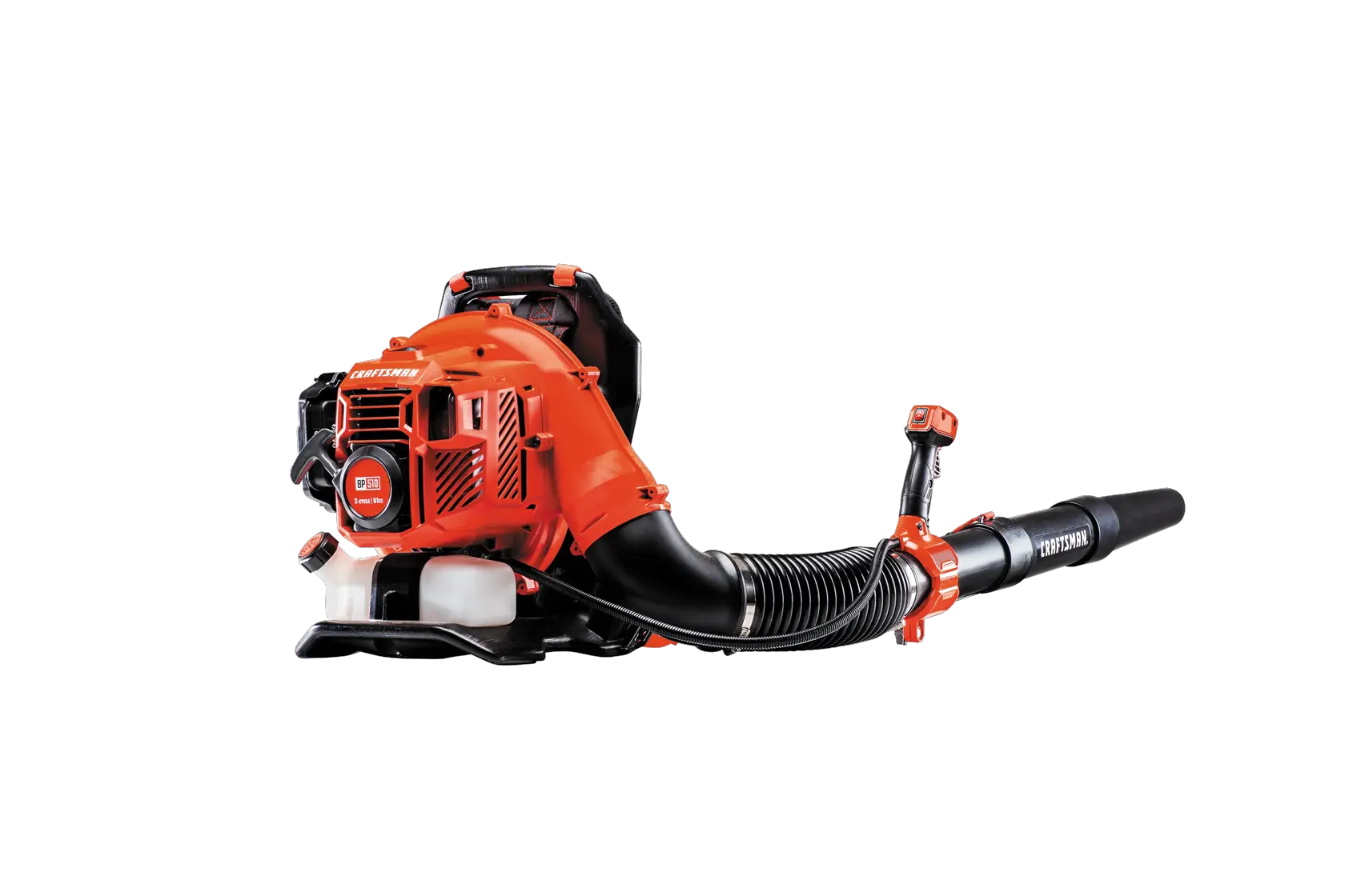 Back profile of 51 C C 2 cycle gas backpack leaf blower.