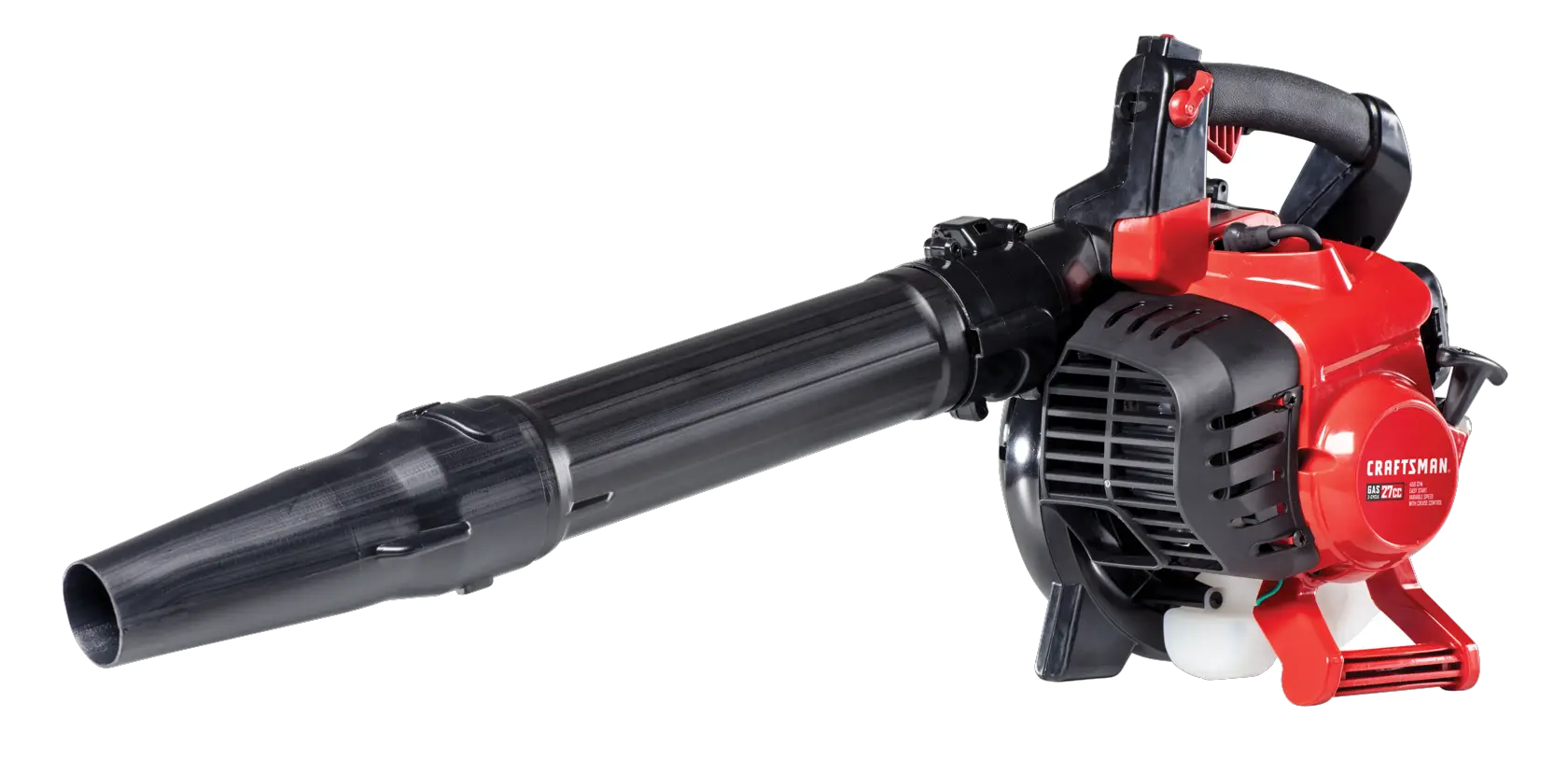 Left profile of 2 cycle full crank engine gas leaf blower vacuum.
