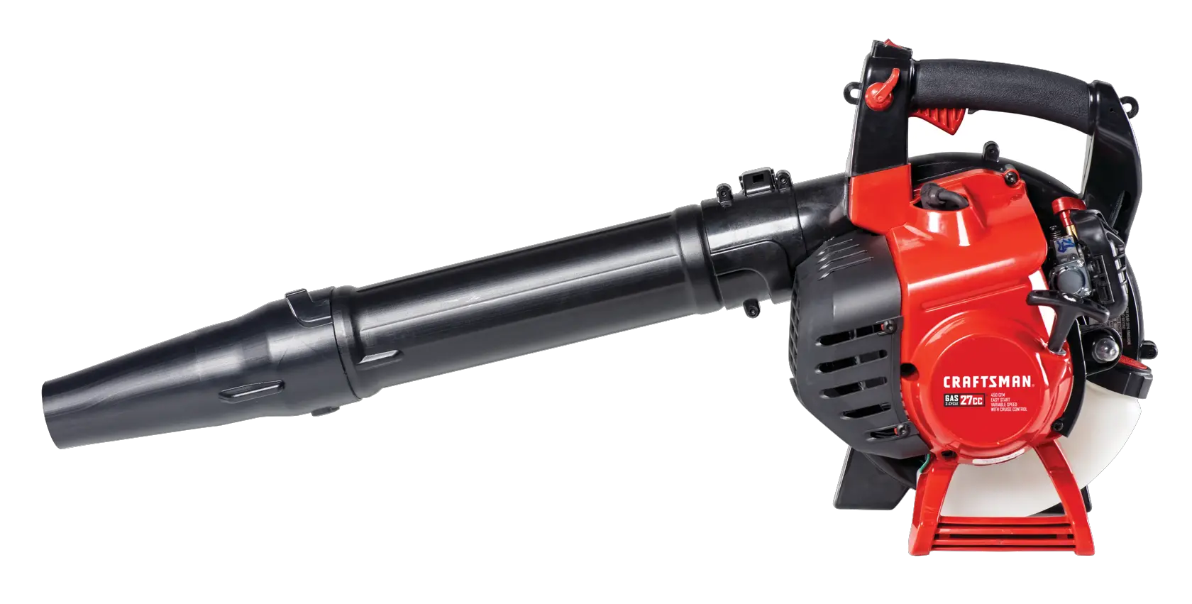 Left profile of 2 cycle full crank engine gas leaf blower vacuum.