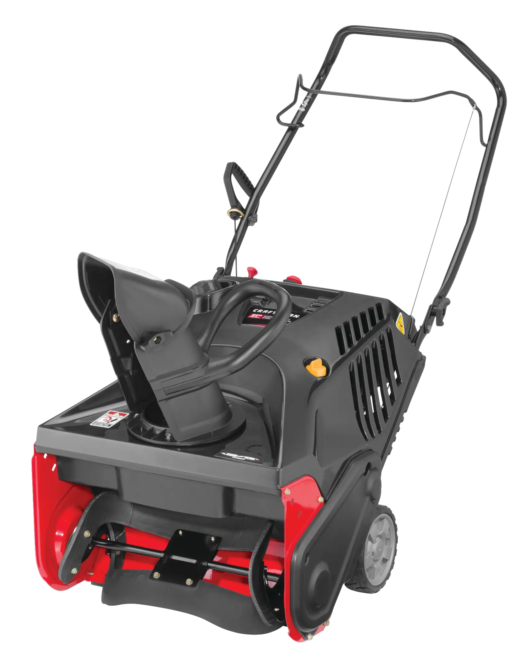 Profile of 21 inch 208 CC electric start single stage snow blower.