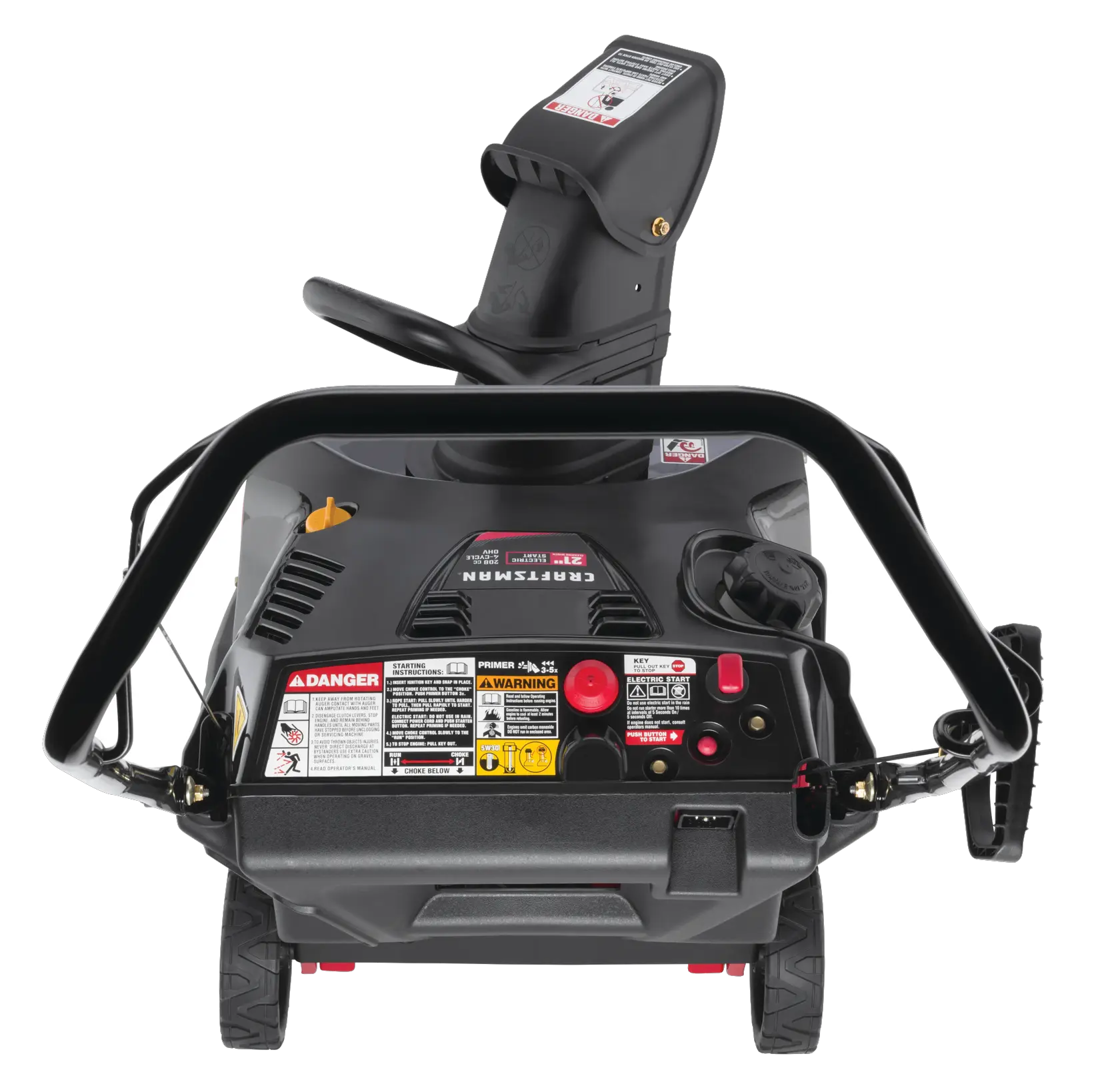 Back profile of 21 inch 208 CC electric start single stage snow blower.