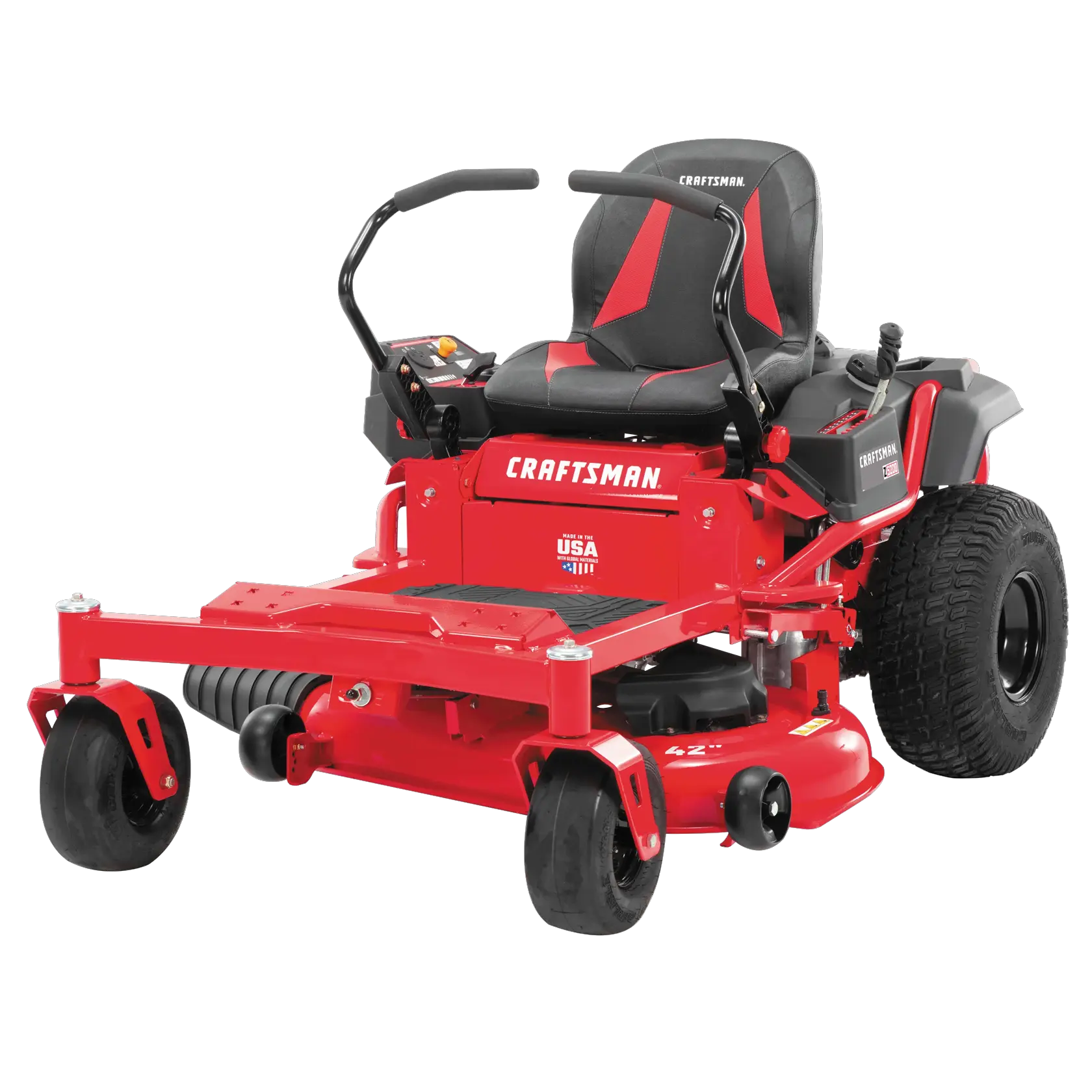 Left profile of 20 h p 42 inch zero turn riding mower.