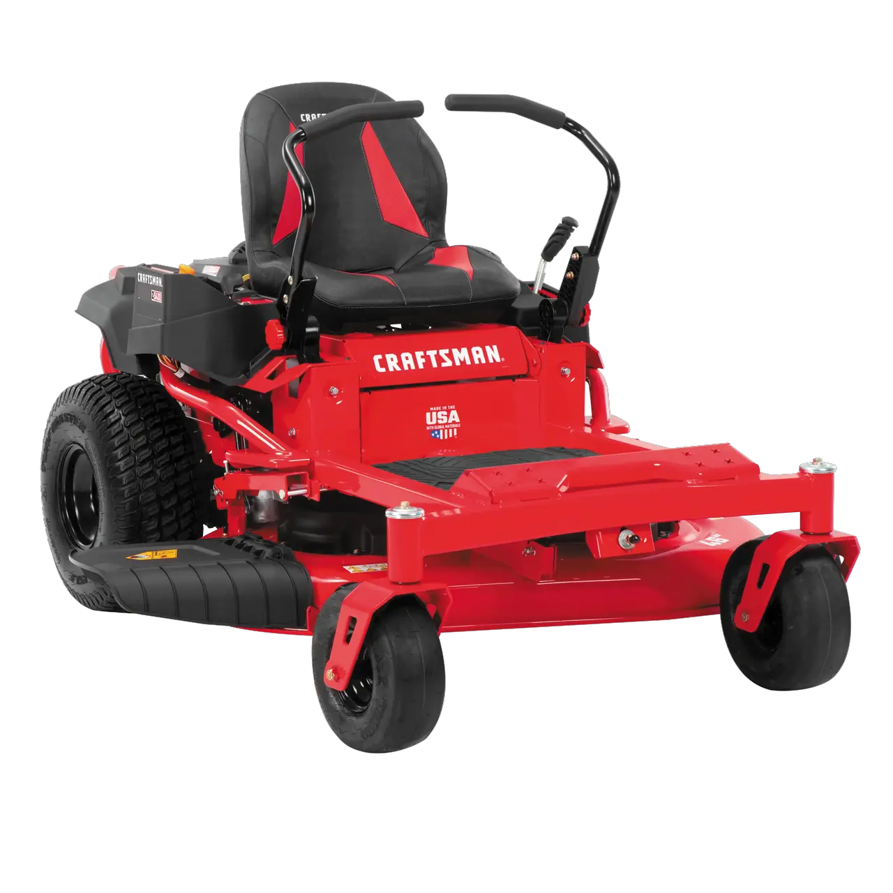Profile of 22 h p 46 inch zero turn riding mower.