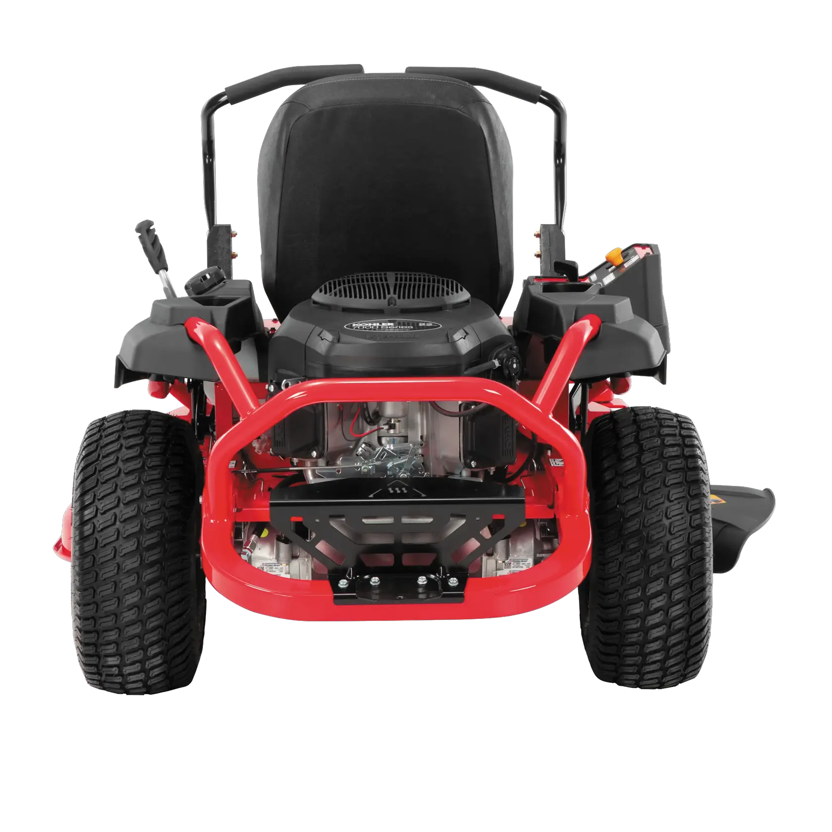 Front view of 22 h p 46 inch zero turn riding mower.