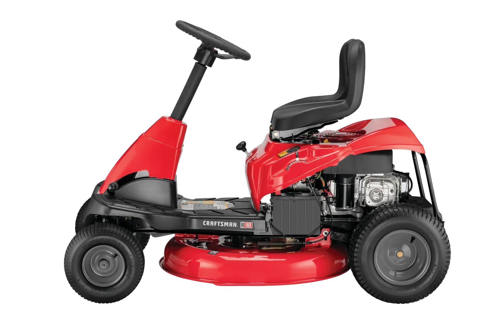 Profile of 30 inch 10 h p gear drive mini riding mower with mulching kit.