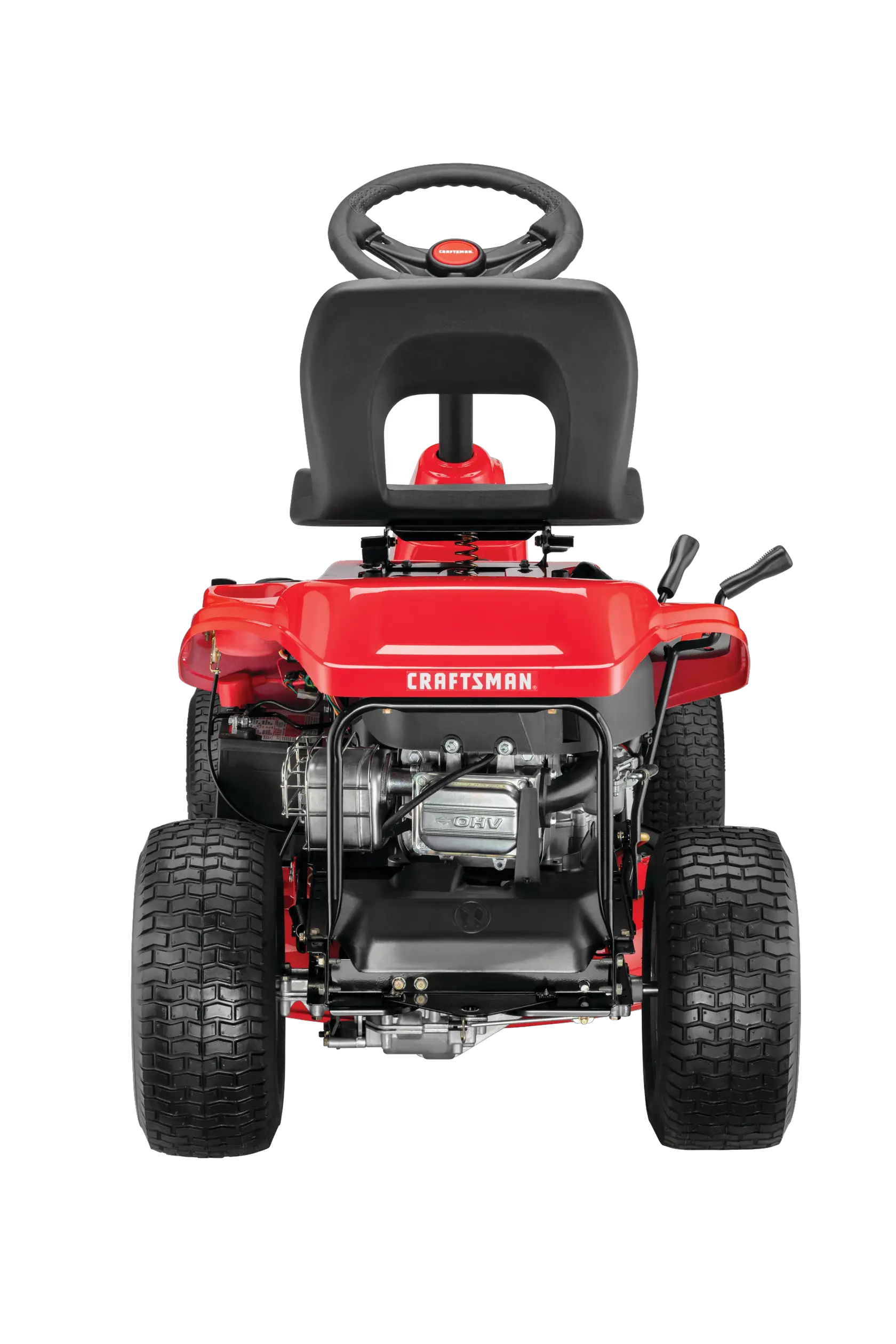 Left profile of 30 inch 10 h p gear drive mini riding mower with mulching kit.