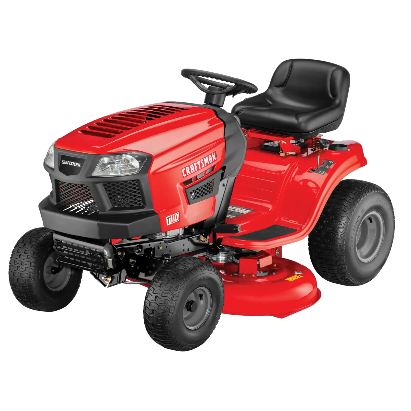 Profile of 42 inch 17.5 h p gear drive riding mower.