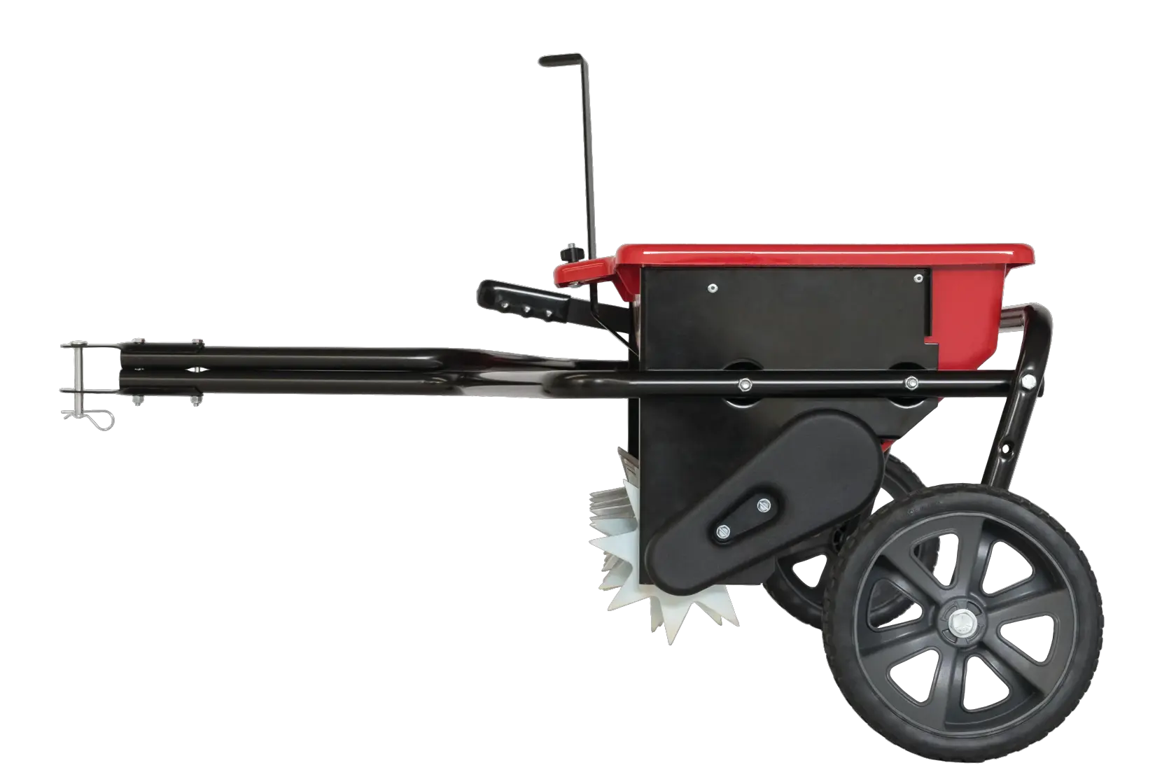 Right profile of 100 pounds aerator drop spreader combo.