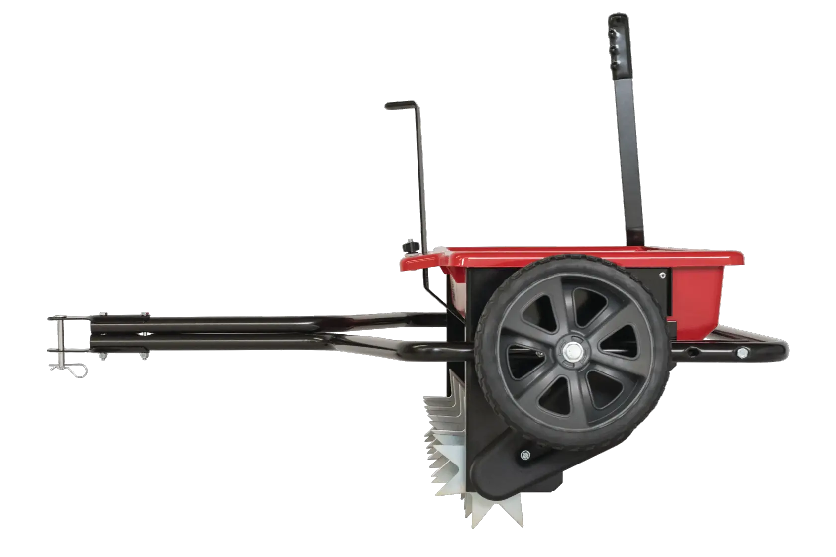 Left profile of 100 pounds aerator drop spreader combo.