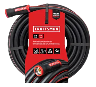 Black and red craftsman professional-grade water hose, 50-foot by 5/8 inch, front-facing in packaging. 