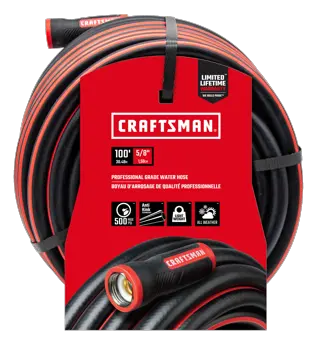 Black and red craftsman professional-grade water hose, 100-foot by 5/8 inch, front-facing in packaging. 