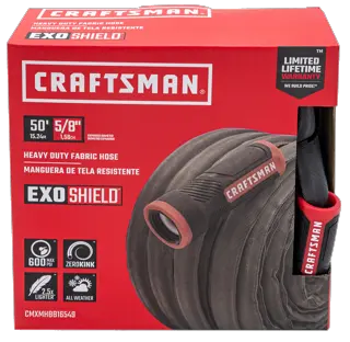 Black and red craftsman heavy duty fabric hose, 50-foot by 5/8 inch, front-facing in packaging. 