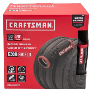 Black and red craftsman heavy duty fabric hose, 100-foot by 5/8 inch, front-facing in packaging. 