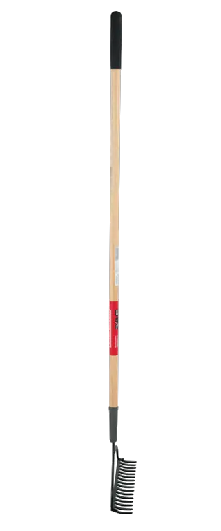 Long Handle 16 Tine Steel Garden Soil Rake with wood handle and cushion grip, right-facing