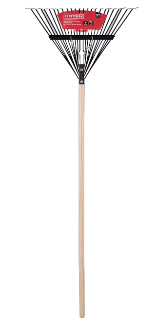 Long Handle 24 Tine Flexible Steel Leaf and Lawn Rake with wood handle, front-facing