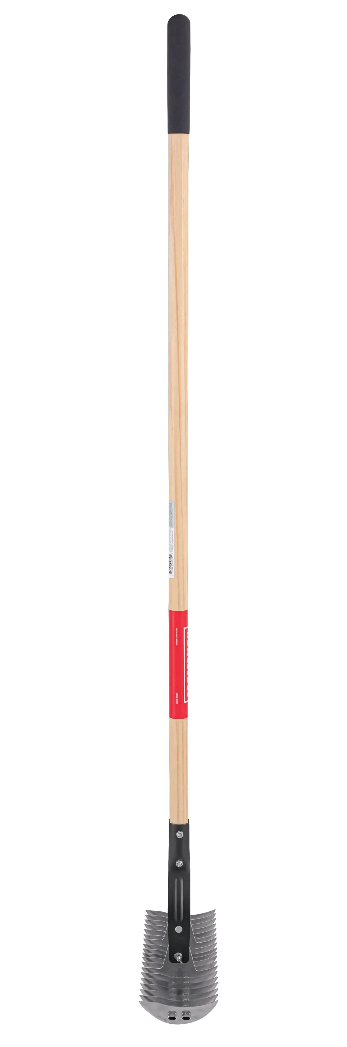 Long Handle Steel Lawn Thatch Removing Rake with wood handle and cushion grip, left-facing