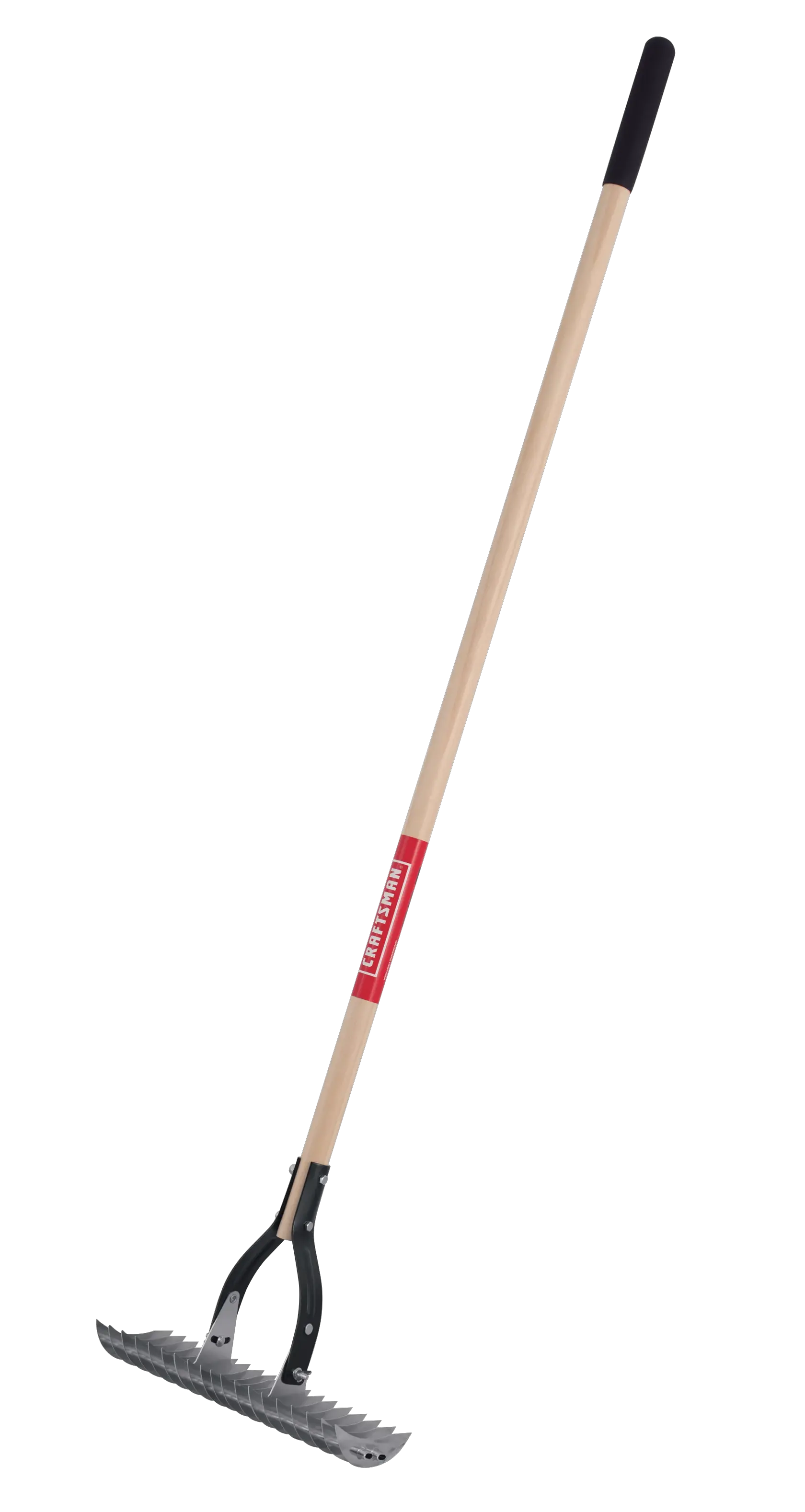 Long Handle Steel Lawn Thatch Removing Rake with wood handle and cushion grip, diagonal side facing 