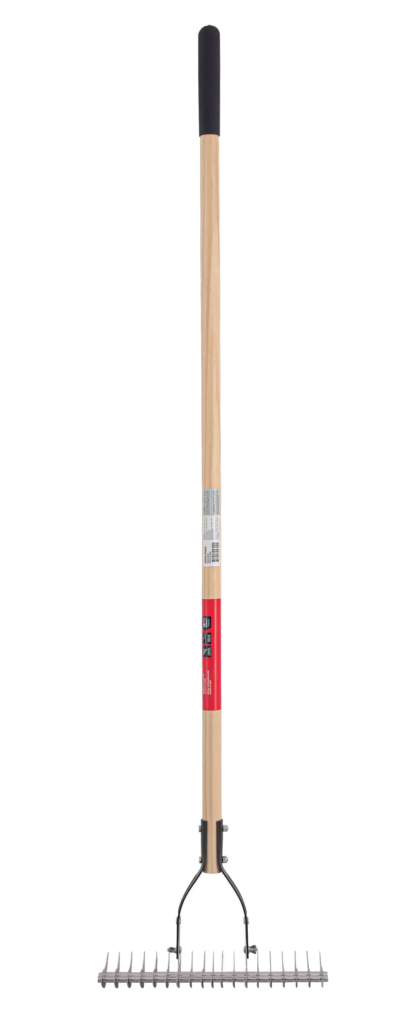 Long Handle Steel Lawn Thatch Removing Rake with wood handle and cushion grip, rear-facing