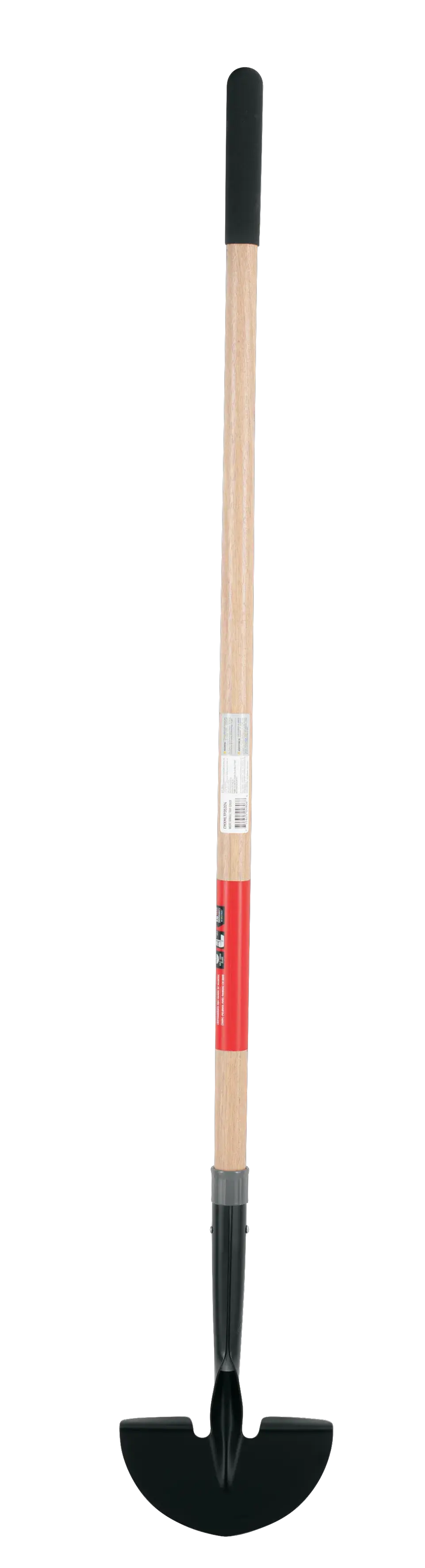 Long Handle Half Moon Shaped Steel Landscape Bed Edger with wood handle and cushion grip, rear-facing