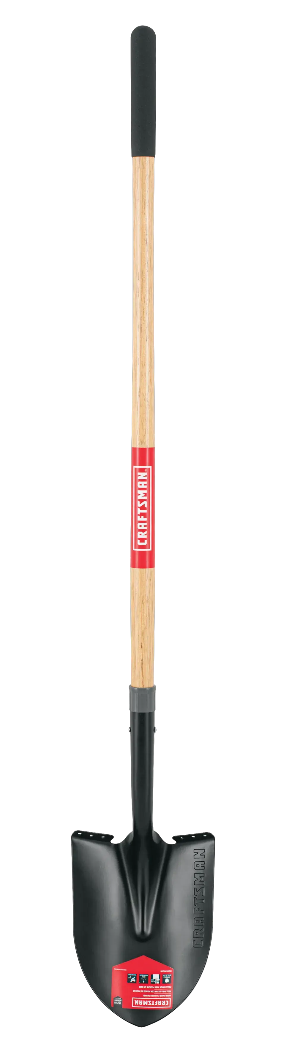 Long Handle Cleated Step Digging Shovel with wood handle and cushion grip, front-facing