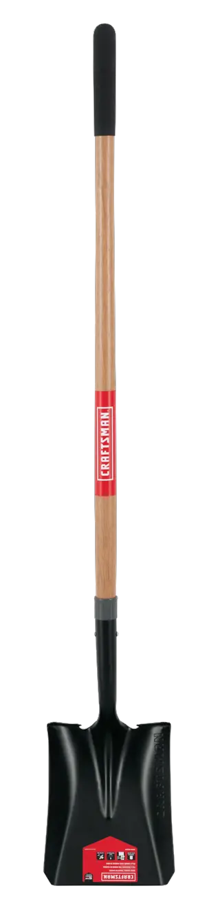 Long handle Cleated Step Transfer Shovel with wood handle and cushion grip, front-facing