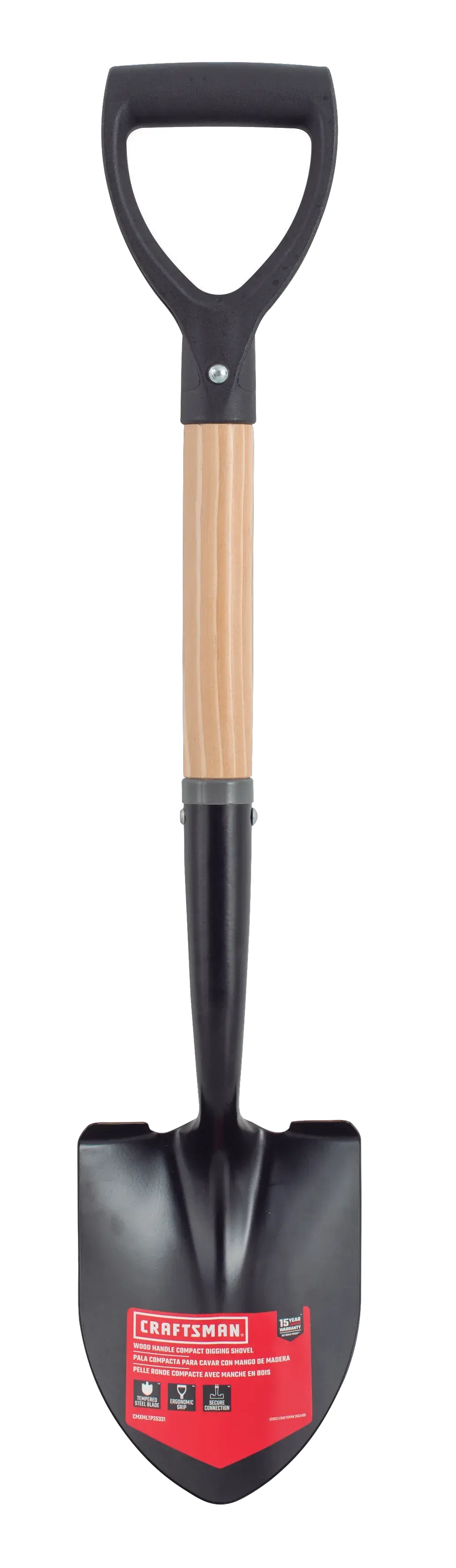 Short Handle Floral Size Digging Shovel with wood handle and D-Grip, front-facing 
