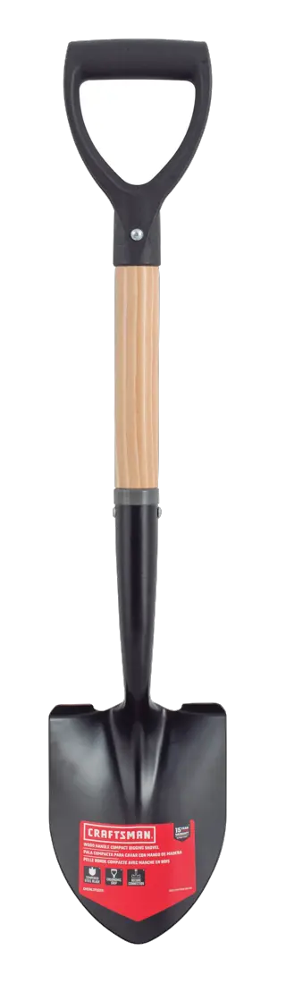 Short Handle Floral Size Digging Shovel with wood handle and D-Grip, front-facing 