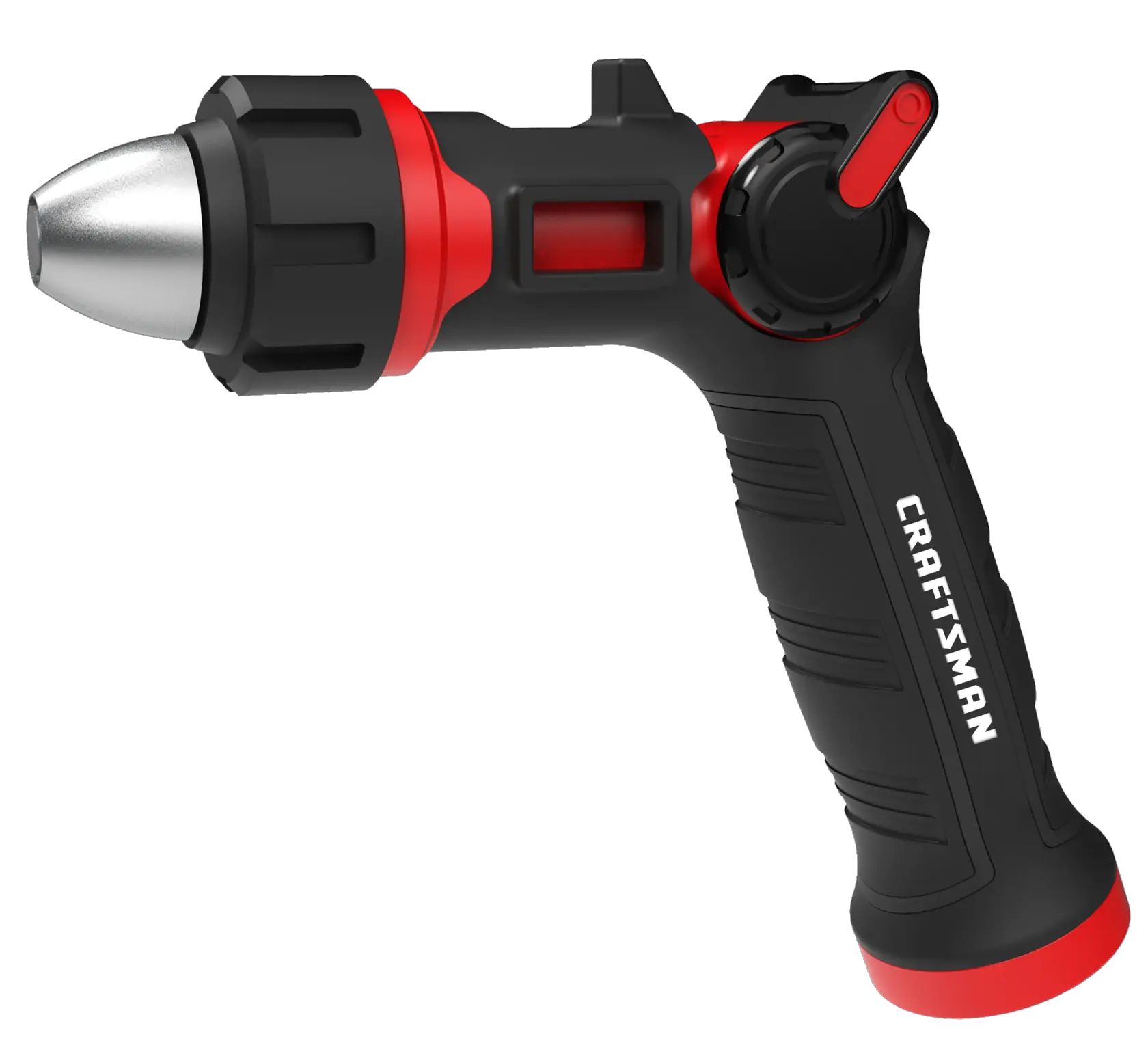 Side view of a black and red craftsman ultimate adjustable water nozzle with thumb control. 