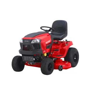 Photo of Craftsman riding lawn mower CM13BL78XTA93, red and black, front angle on white background.