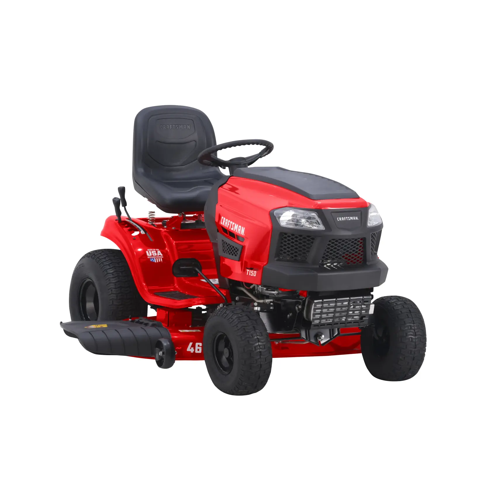 A red riding lawn mower with large wheels, a steering wheel, and a comfortable seat, photographed on a white background.