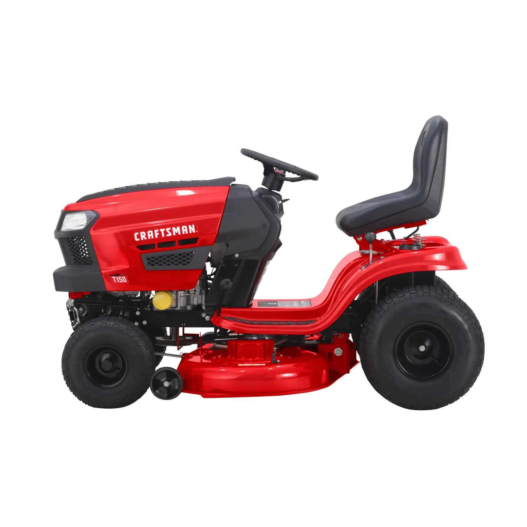A red Craftsman riding lawn mower with a black seat, shown from the side on a white background.