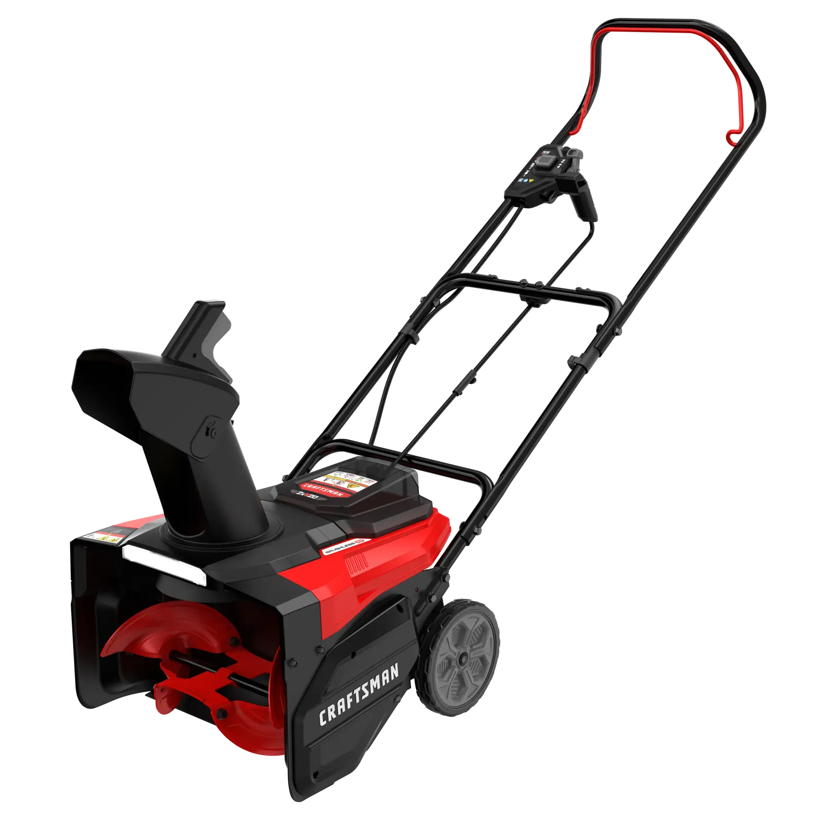 Craftsman CM32AB2B1CB93 red and black single-stage snow blower, side angle on white background.