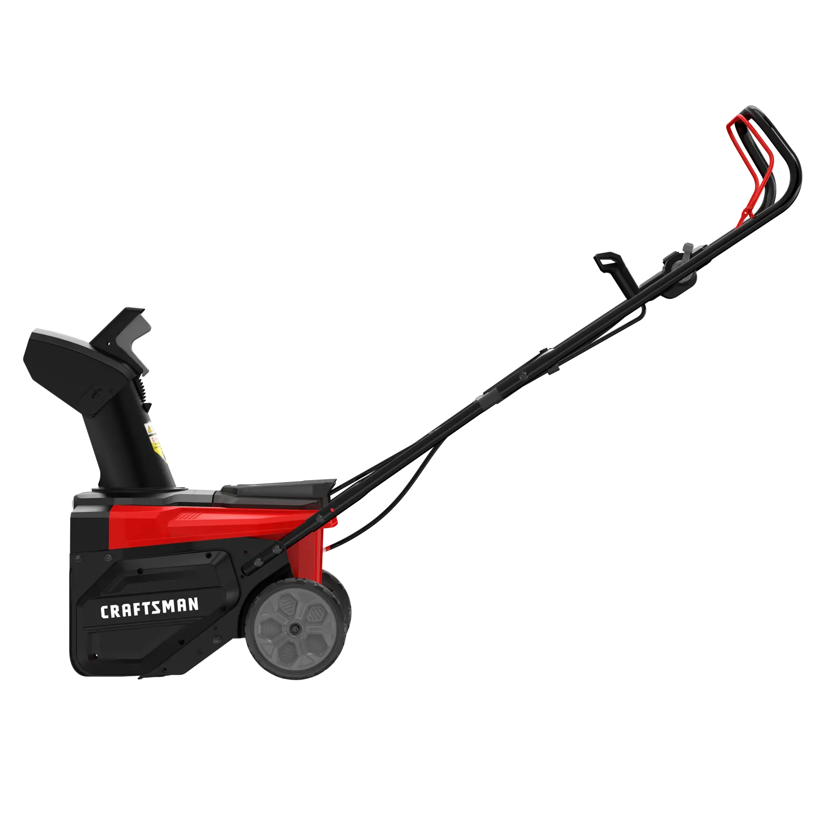 Craftsman red and black snow blower side view, model CM32AB2B1CB93, two wheels, photography on white background.