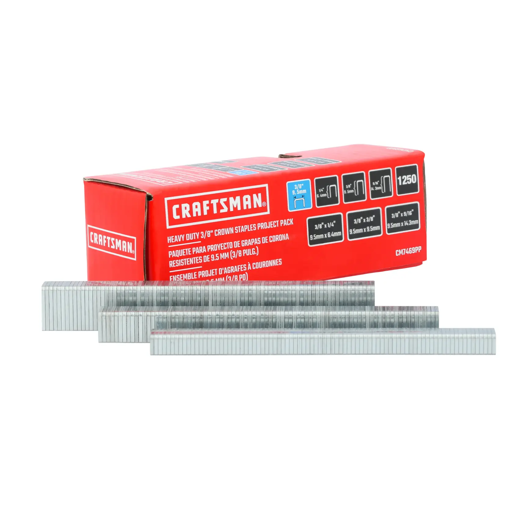 A red box of Craftsman heavy duty 3/8-inch crown staples project pack, with several rows of silver staples placed in front of the box. The packaging lists different staple sizes and quantities.