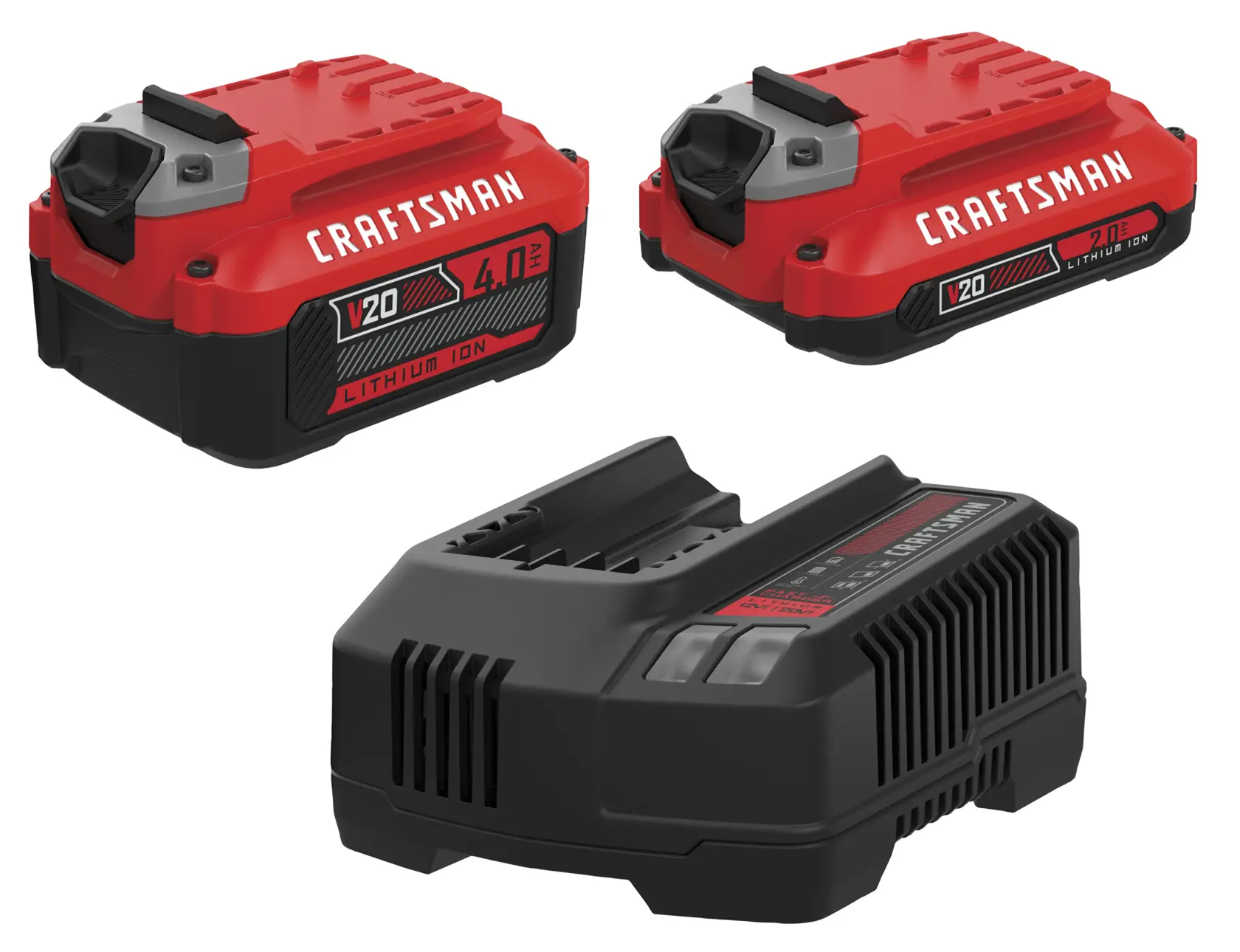  2 and 4 amp hour batteries with charger on a white background.