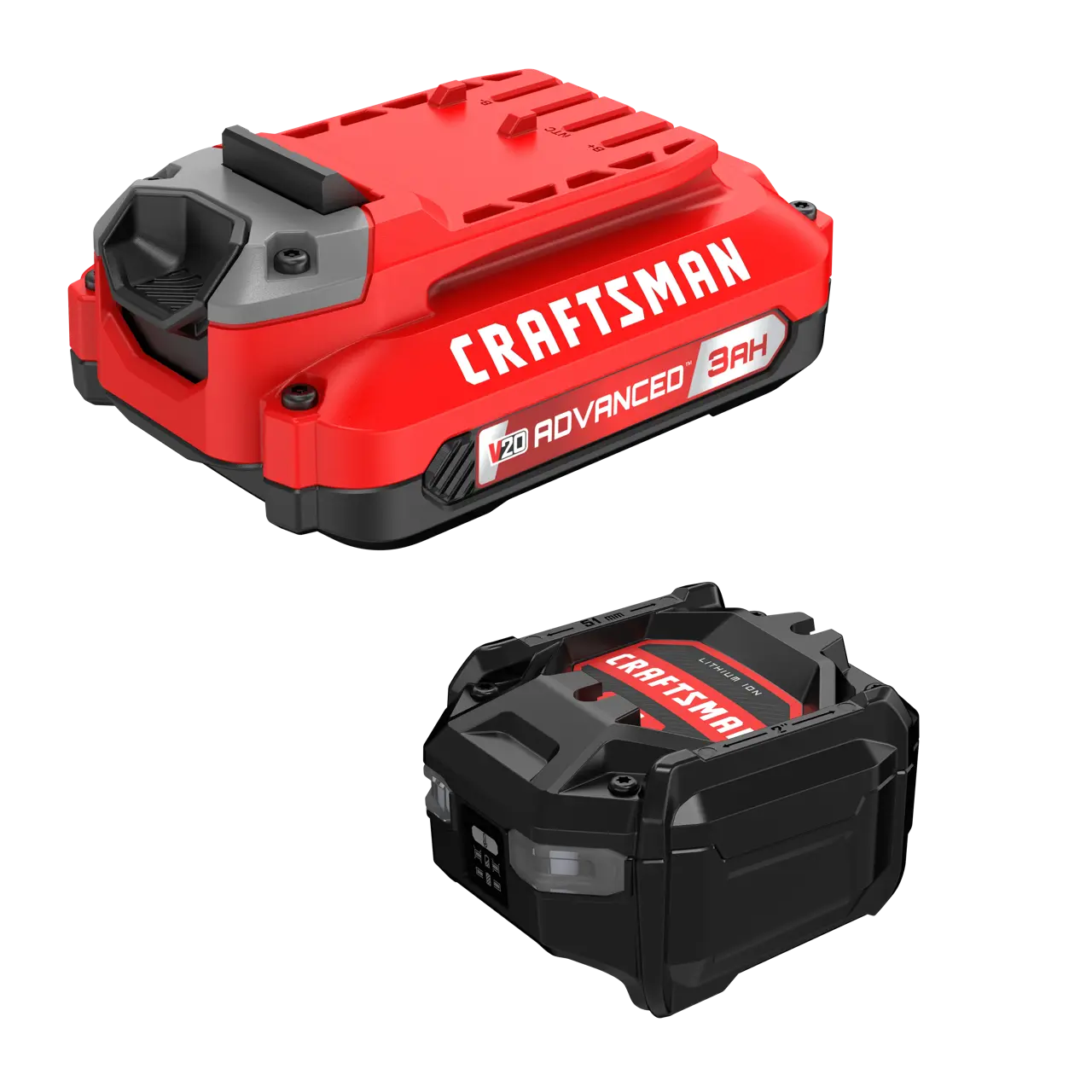 Photo of two Craftsman V20 ADVANCED 3Ah lithium-ion batteries, SKU CMCB2103-CK, side and angled views on white.