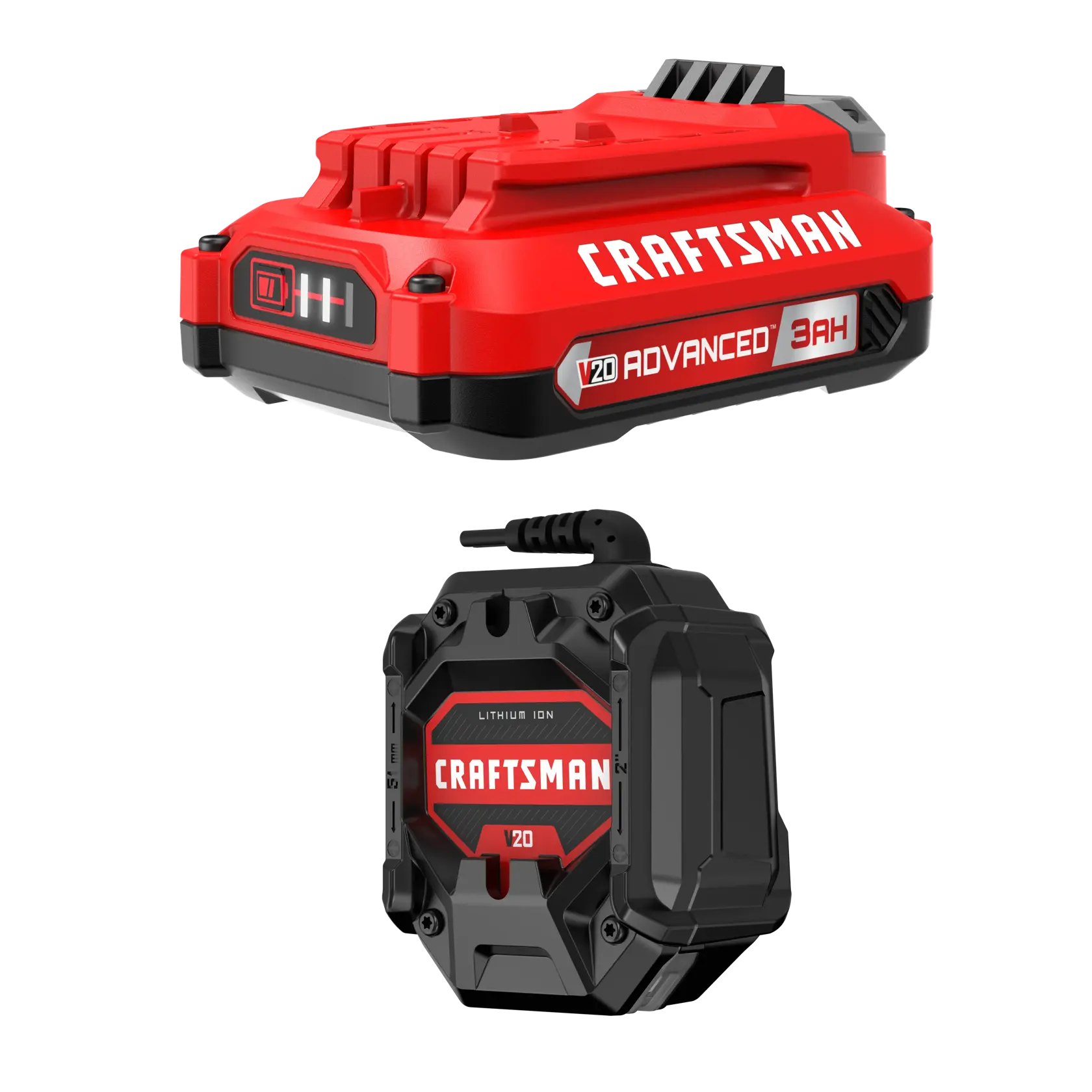 Two CRAFTSMAN branded V20 lithium ion power tool battery products are shown. The top item is a red and black battery labeled 'V20 ADVANCED 3AH,' and the bottom item is a compact black and red battery labeled 'CRAFTSMAN V20 LITHIUM ION.'