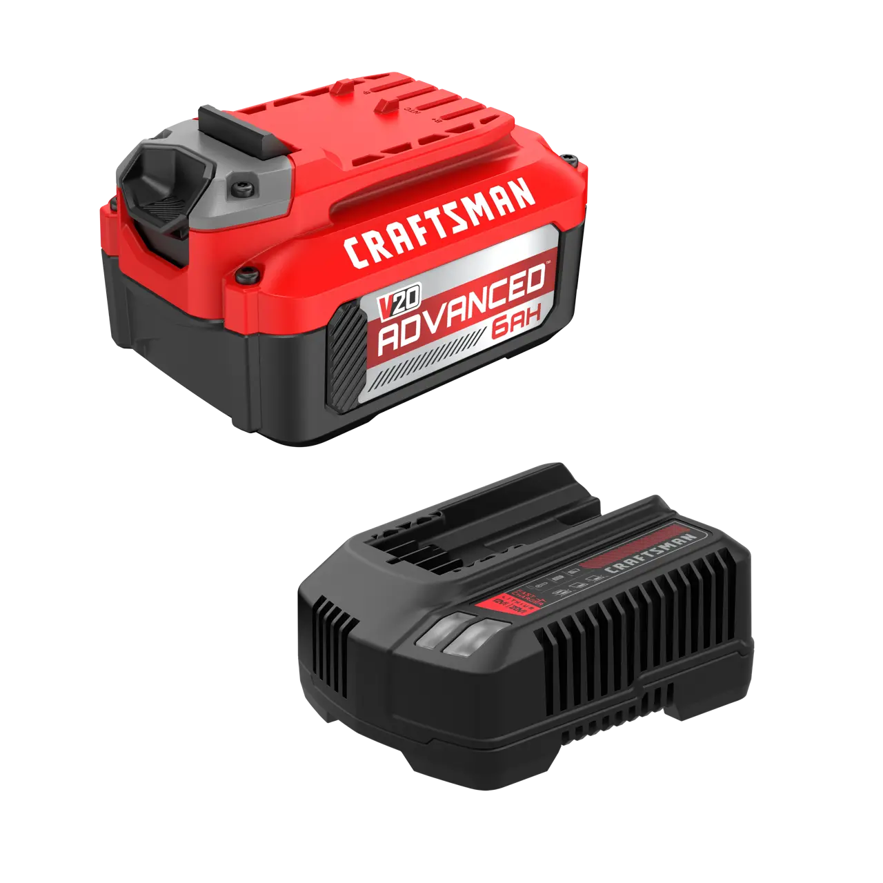 Photo of Craftsman V20 Advanced 6Ah battery and charger, SKU CMCB2106-CK, shown on white background.