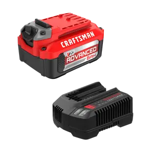 Photo of Craftsman V20 Advanced 6Ah battery and charger, SKU CMCB2106-CK, shown on white background.