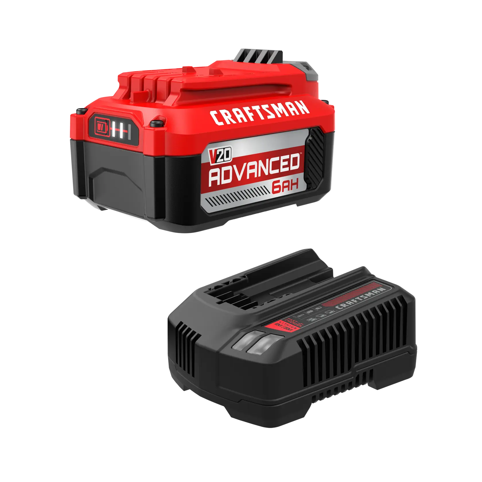 Image showing a Craftsman V20 Advanced 6Ah battery pack and a matching battery charger. The battery is red and black with a label indicating its capacity and model, while the charger is black with ventilated sides and a label displaying the brand name.
